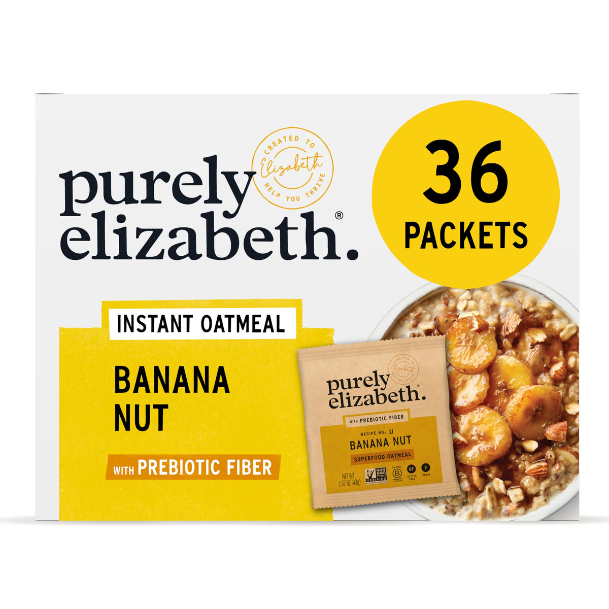 Purely Elizabeth Banana Nut packaging with 6-pack bundle for quick breakfasts.