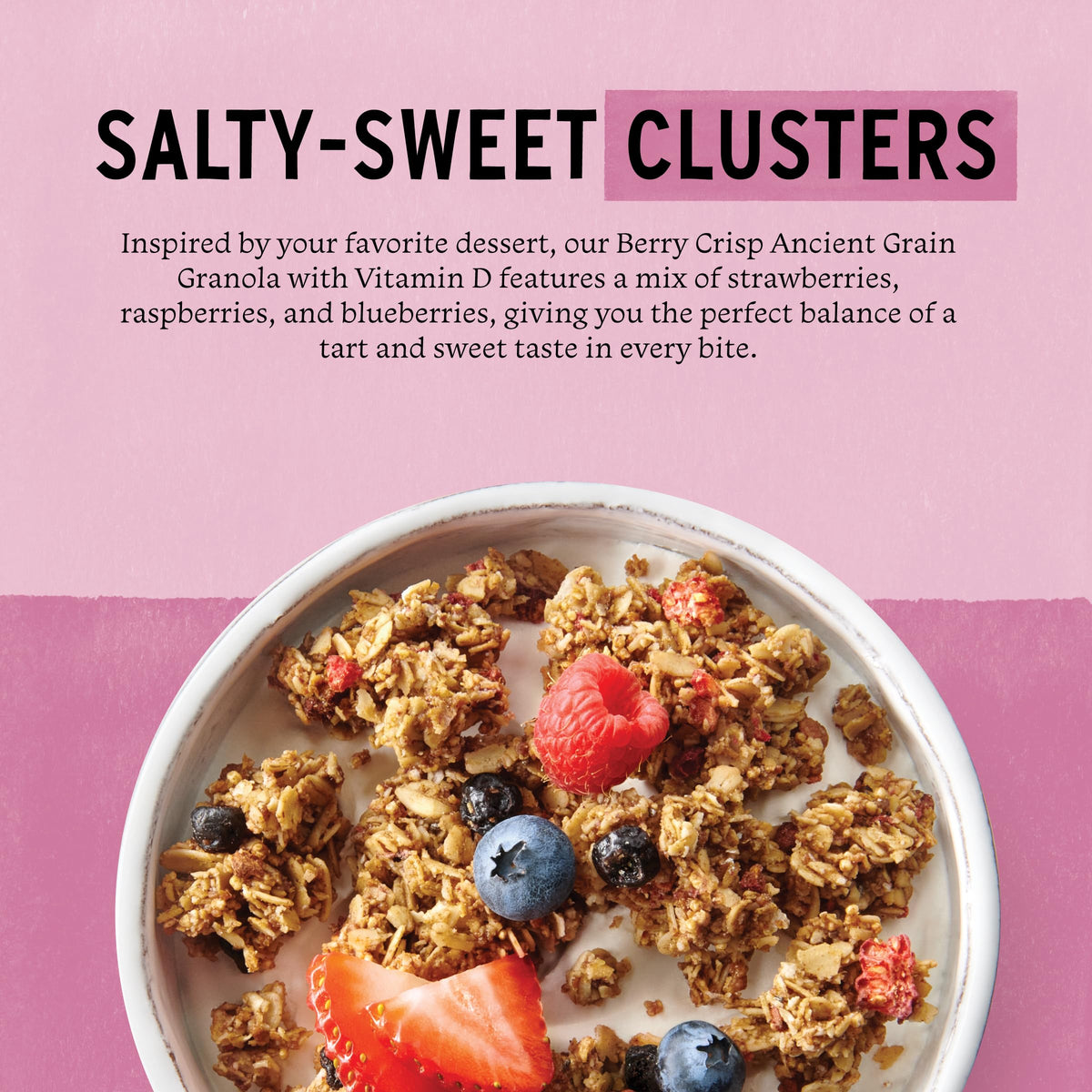 Close-up of berry clusters in Berry Crisp Granola highlighting the crunchy texture.