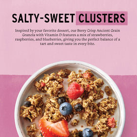 Close-up of berry clusters in Berry Crisp Granola highlighting the crunchy texture.