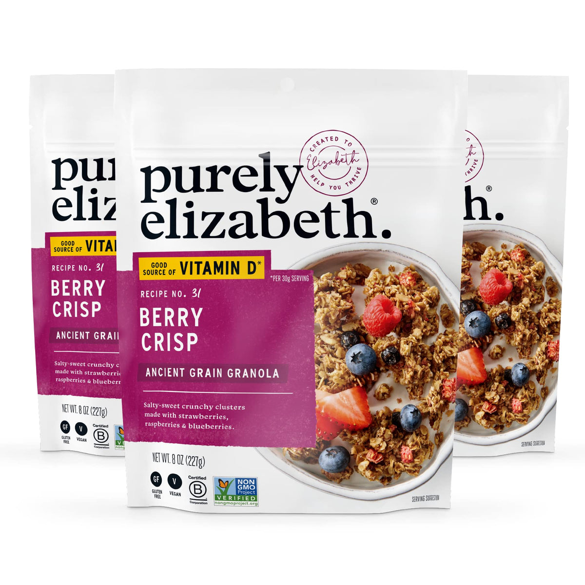 Purely Elizabeth Berry Crisp Granola bag front with berry clusters for a grab-and-go snack.