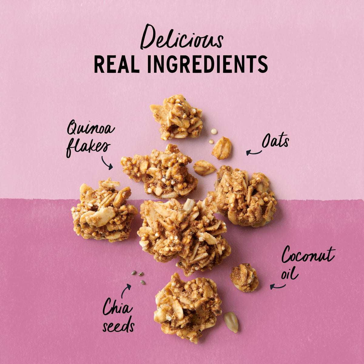Pouring Berry Crisp Granola into a bowl emphasizes visible crunch and berry notes.