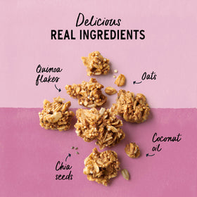 Pouring Berry Crisp Granola into a bowl emphasizes visible crunch and berry notes.