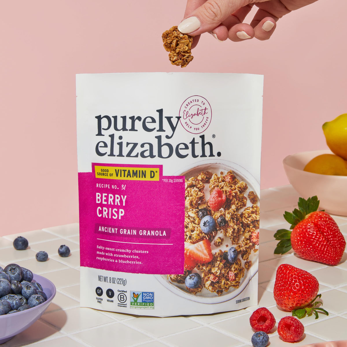 Ingredient view shows amaranth, quinoa flakes, and chia seeds in Purely Elizabeth Granola.