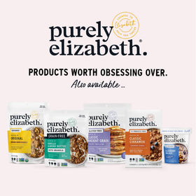 Purely Elizabeth blueberry granola with milk in a bowl.