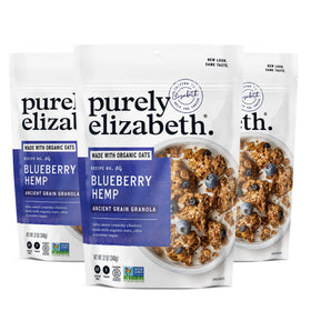 Purely Elizabeth blueberry hemp ancient grain granola pack ready for on-the-go breakfast.