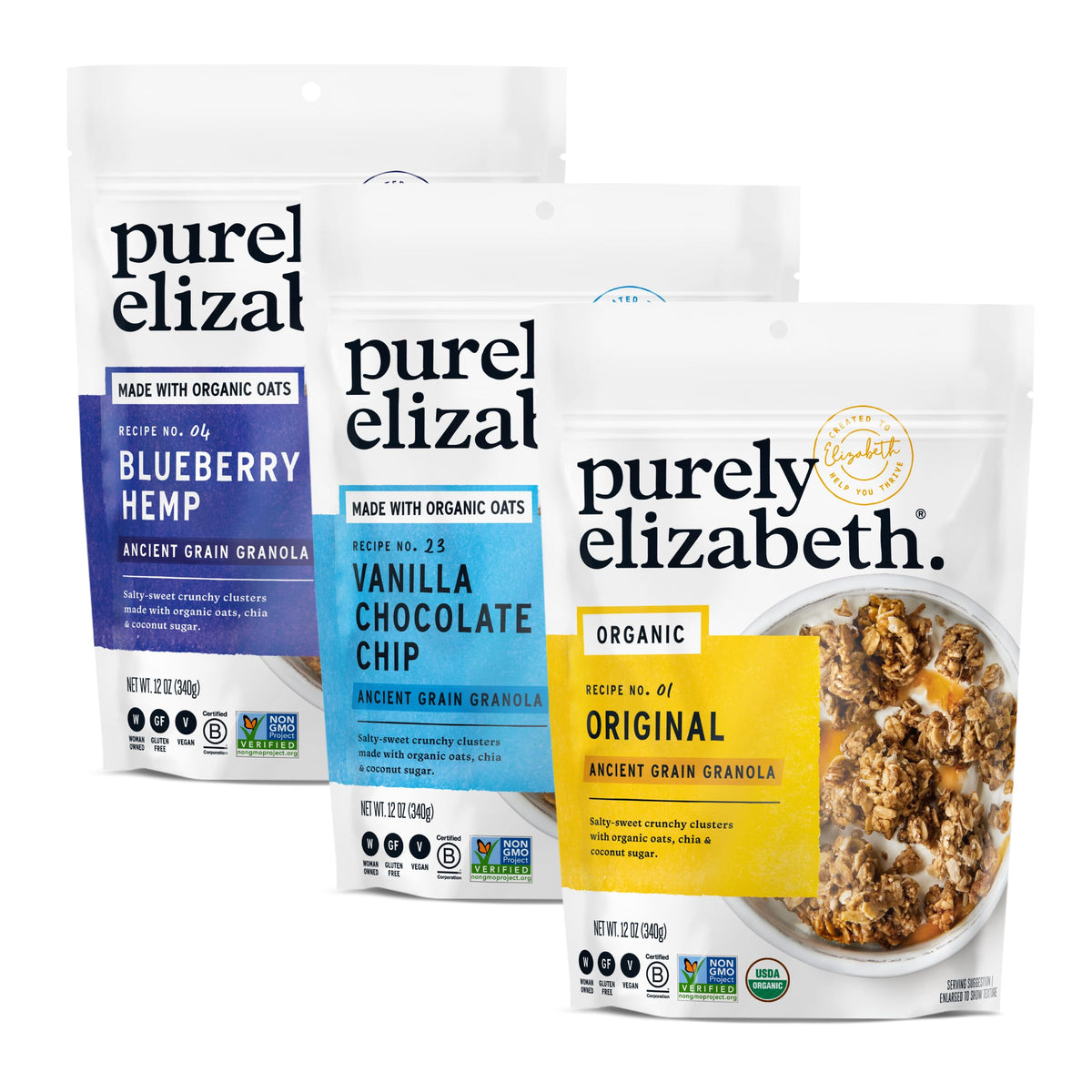 Purely Elizabeth Blueberry Hemp bag, gluten-free granola for on the go snacking.
