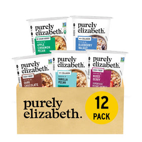 Purely Elizabeth Blueberry Walnut Collagen cup image emphasizes fiber-rich oats for a quick breakfast.