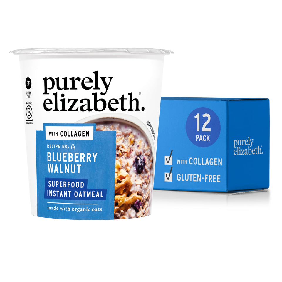 Purely Elizabeth blueberry walnut oatmeal cup pack displays a convenient gluten-free breakfast.