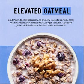 Purely Elizabeth blueberry walnut oatmeal cup texture close-up highlights wholesome ingredients.