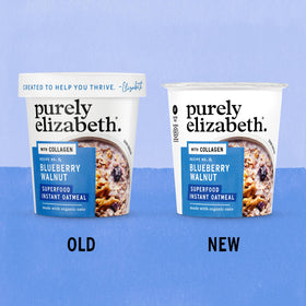 Purely Elizabeth blueberry walnut oatmeal ingredients close-up shows real fruit and nuts.