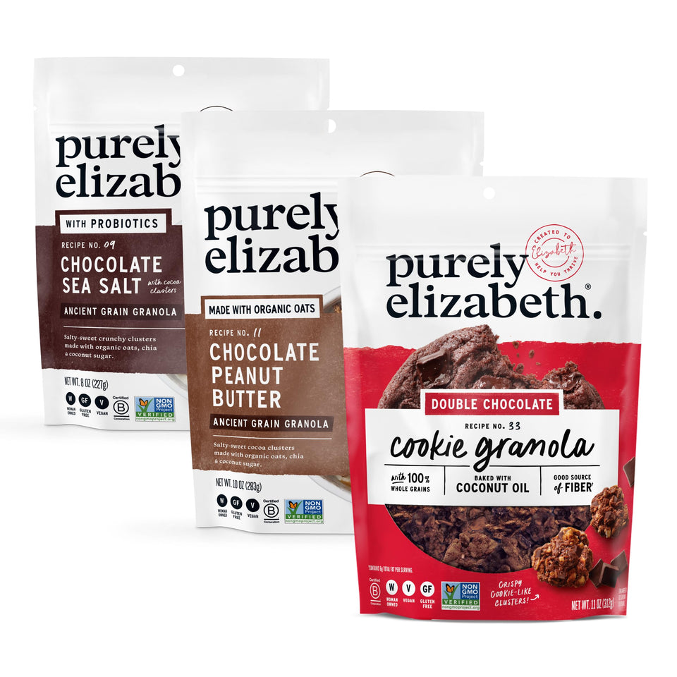 Purely Elizabeth Chocolate Lovers Variety Pack front view, gluten-free organic granola trio for snacking