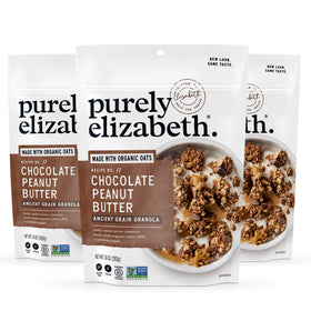 Purely Elizabeth granola bags with chocolate peanut butter, gluten-free snack.