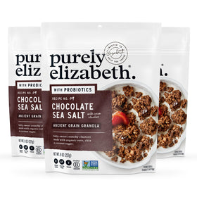 Purely Elizabeth chocolate sea salt granola three-pack 8-ounce bags for convenient snacking