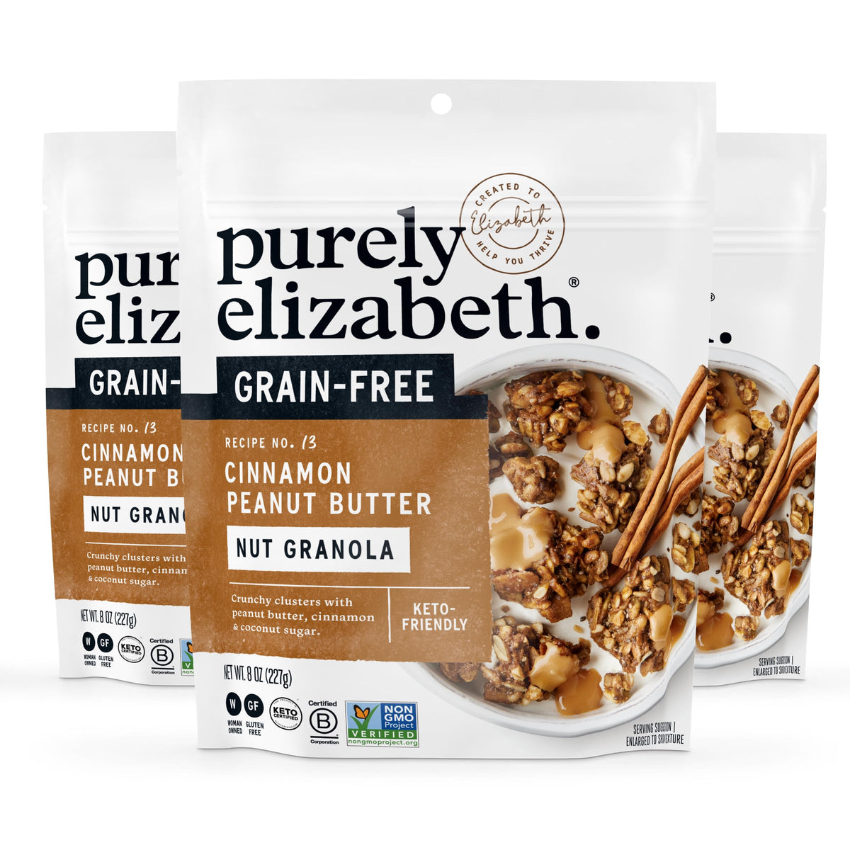Purely Elizabeth Cinnamon Peanut Butter Granola bag showing crunchy clusters for a quick snack