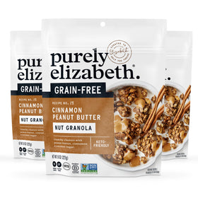 Purely Elizabeth Cinnamon Peanut Butter Granola bag showing crunchy clusters for a quick snack