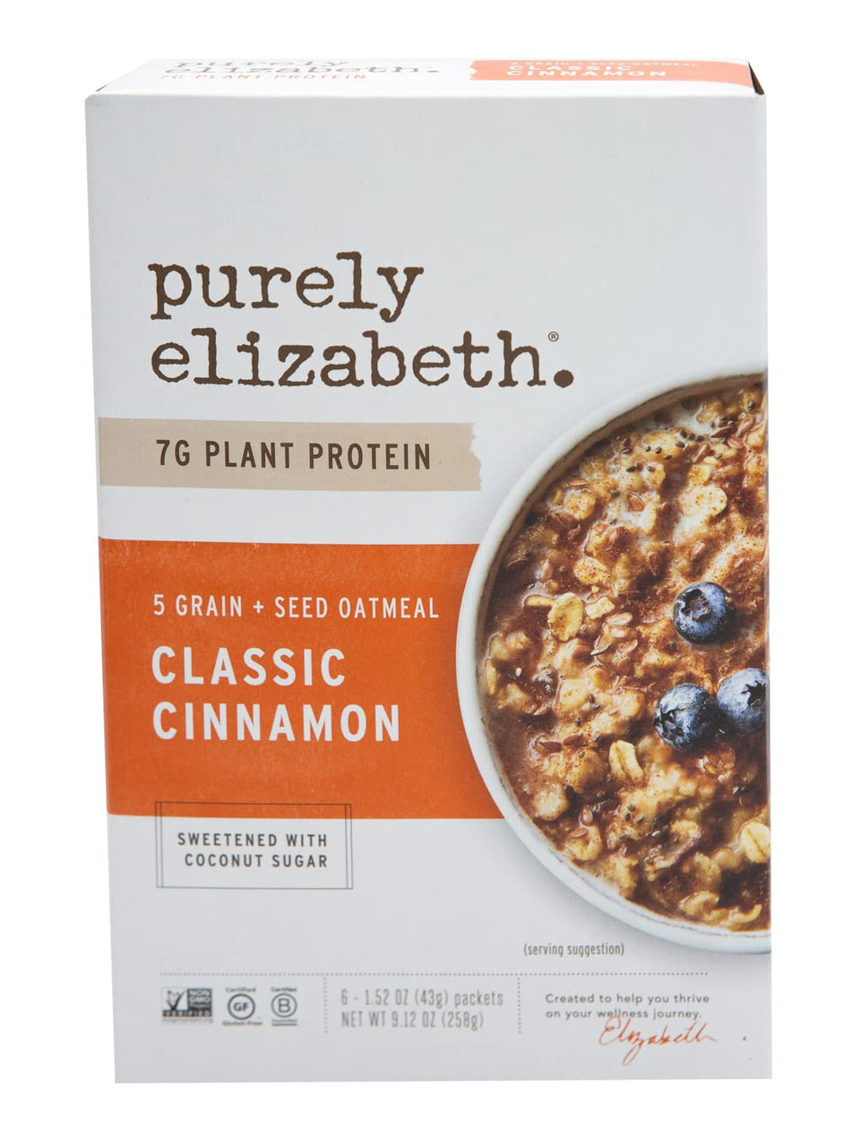 Purely Elizabeth Classic Cinnamon instant oatmeal pack for a quick plant-based breakfast.