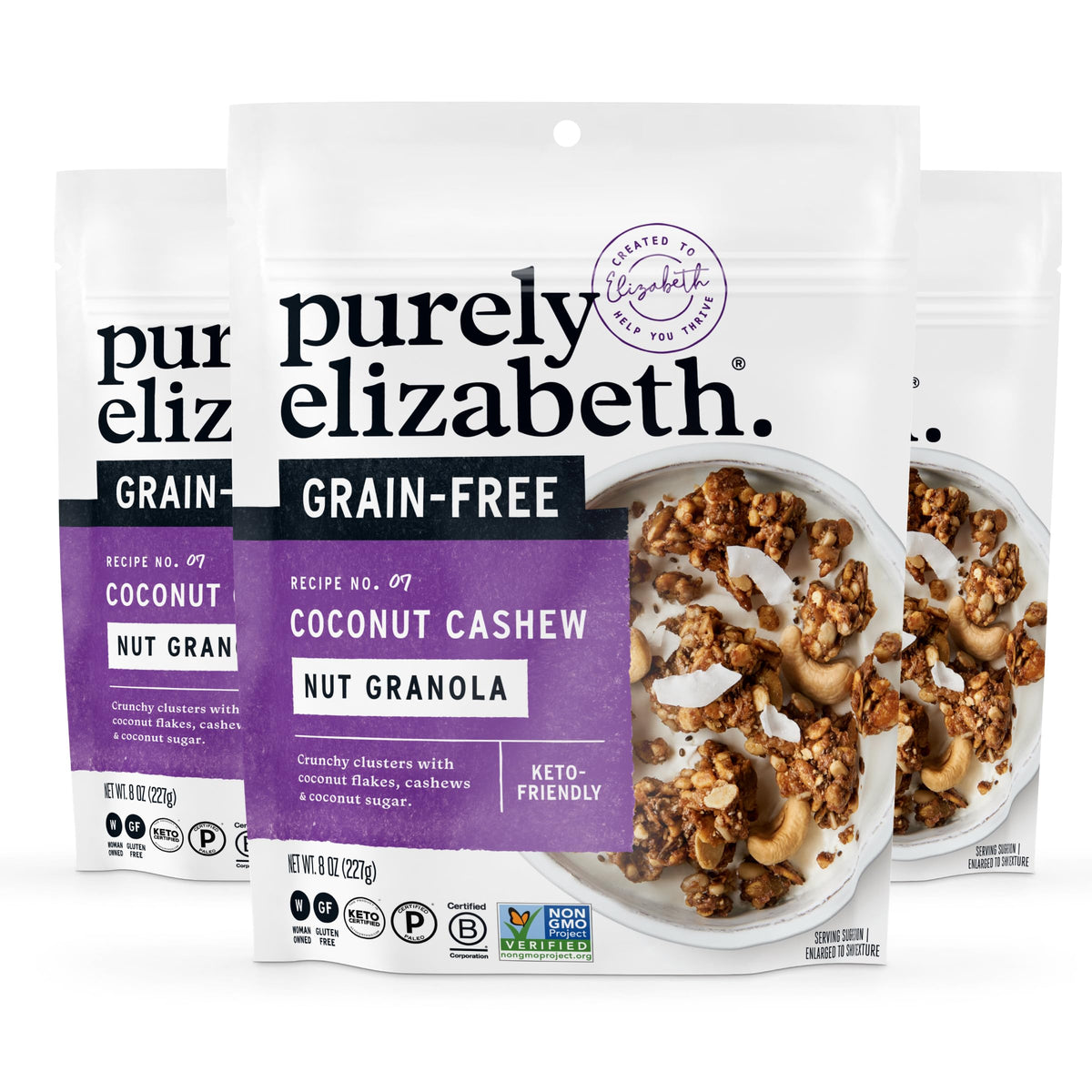 Purely Elizabeth Coconut Cashew Granola bag for a grain-free, keto-friendly snack.