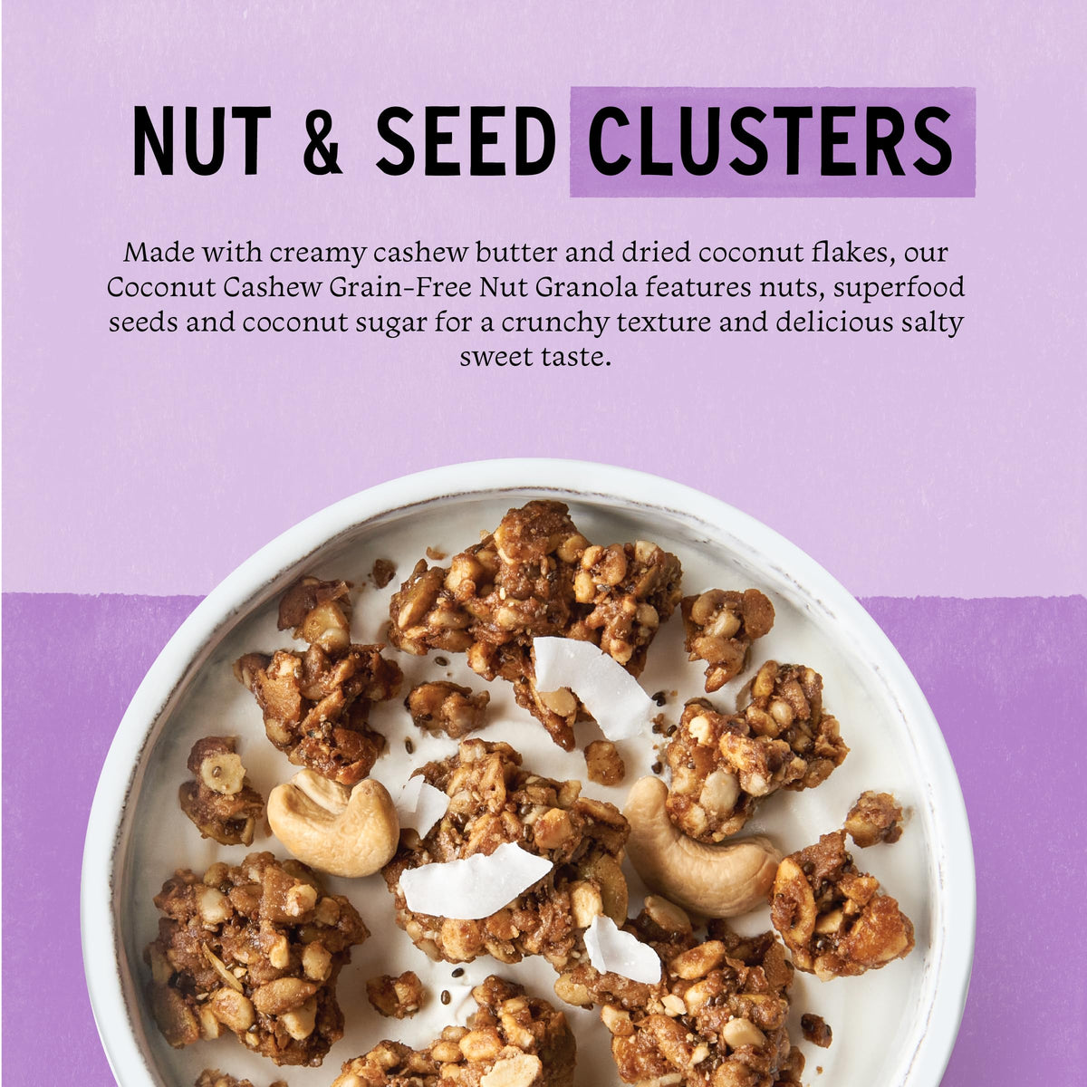 Purely Elizabeth coconut-cashew granola clusters close-up showing texture and natural sweetness.
