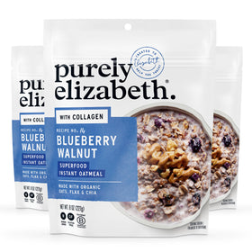 Purely Elizabeth Collagen Oatmeal Blueberry Walnut pouch ready for a quick protein-packed breakfast