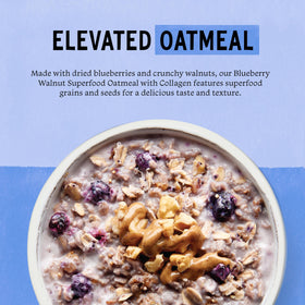 Purely Elizabeth Blueberry Walnut Collagen Oatmeal cup with NuttZo squeeze for creamy texture