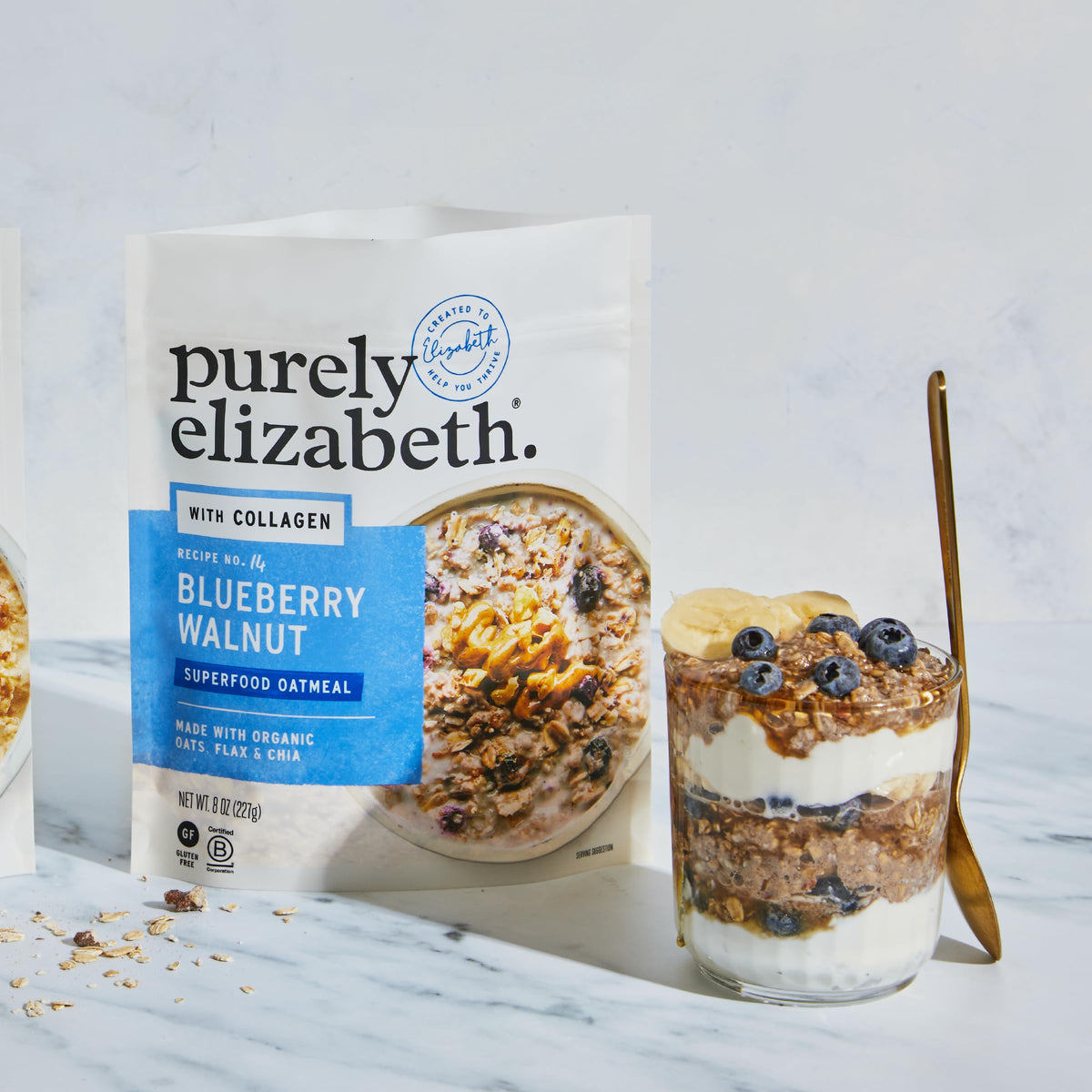 Gluten-free Purely Elizabeth Collagen Oatmeal with visible oats and seeds