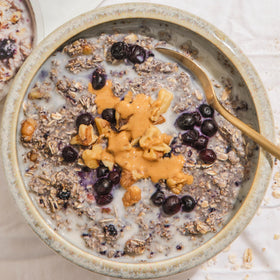 Purely Elizabeth Blueberry Walnut Oatmeal with NuttZo squeeze pack for creamy texture