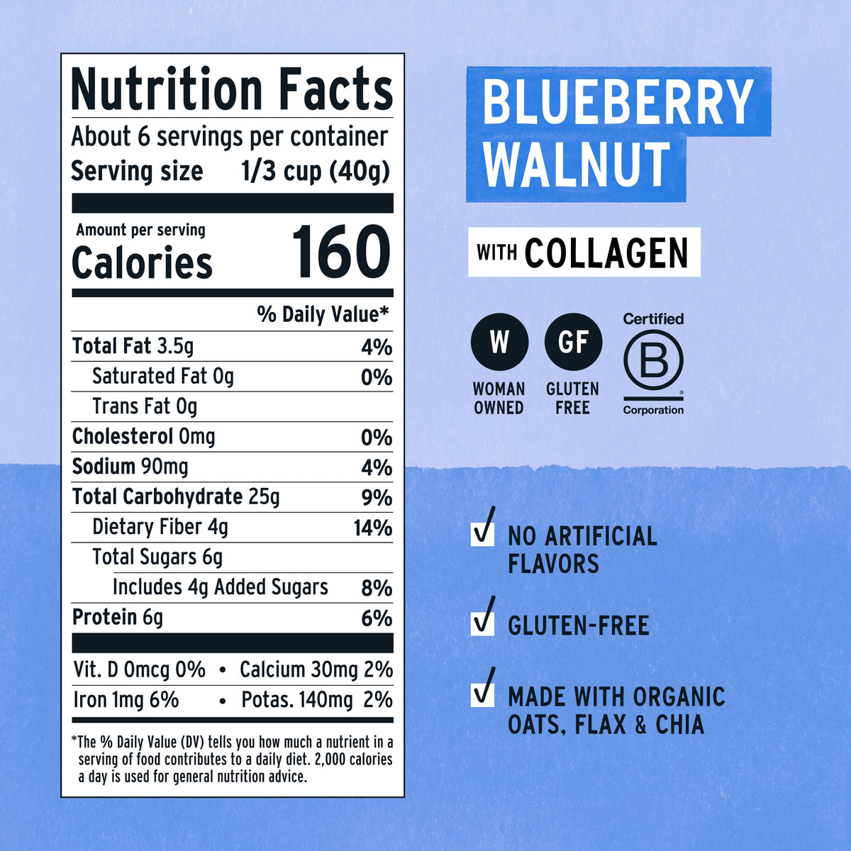 Purely Elizabeth Collagen Oatmeal Blueberry Walnut serving suggestions for warm or overnight oats