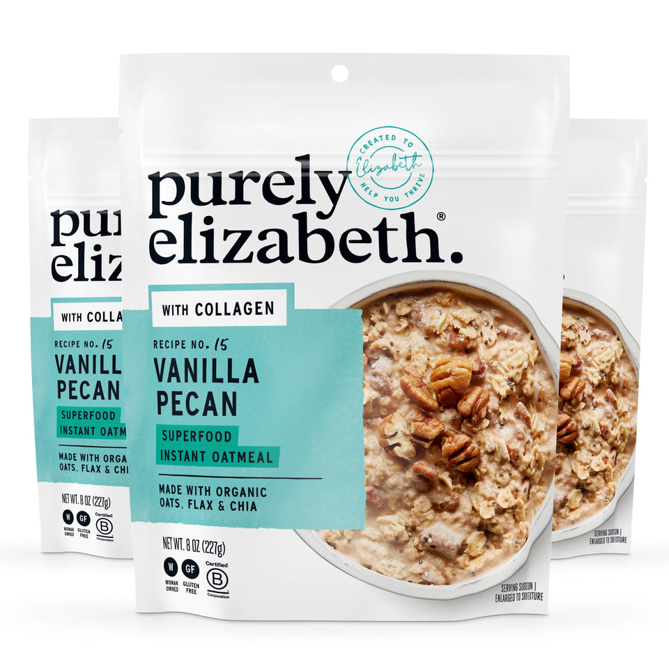 Purely Elizabeth Collagen Oatmeal Vanilla Pecan packaging showing gluten-free and non-GMO features