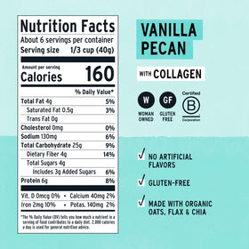 Ready-to-serve Purely Elizabeth Collagen Oatmeal Vanilla Pecan cup on a breakfast setting