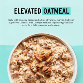 Purely Elizabeth collagen oatmeal cup packaging showing a 12-pack for convenient meal prep.