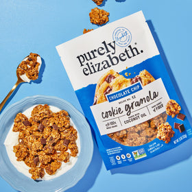Purely Elizabeth cookie granola chocolate chip 11oz bag back view shows ingredients and gluten-free claim.