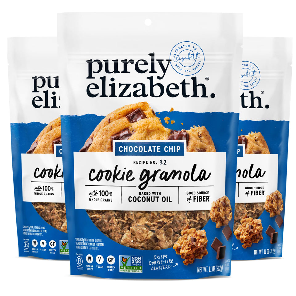 Purely Elizabeth cookie granola chocolate chip 11oz bag front view, ideal for quick breakfast.