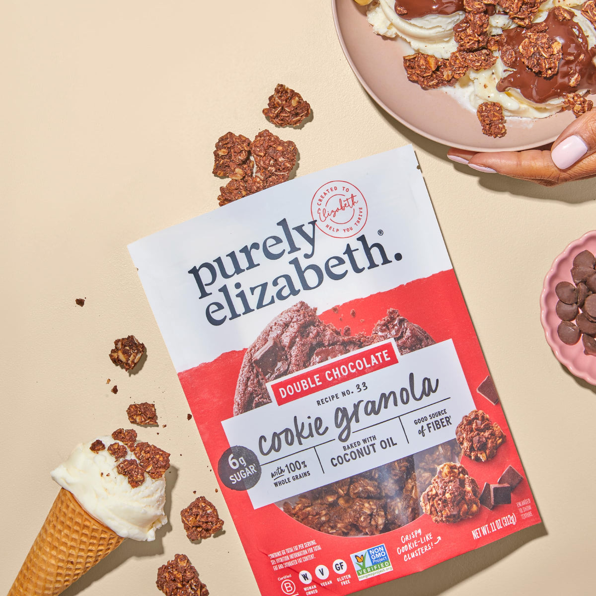 Purely Elizabeth cookie granola clusters closeup with chewy texture.