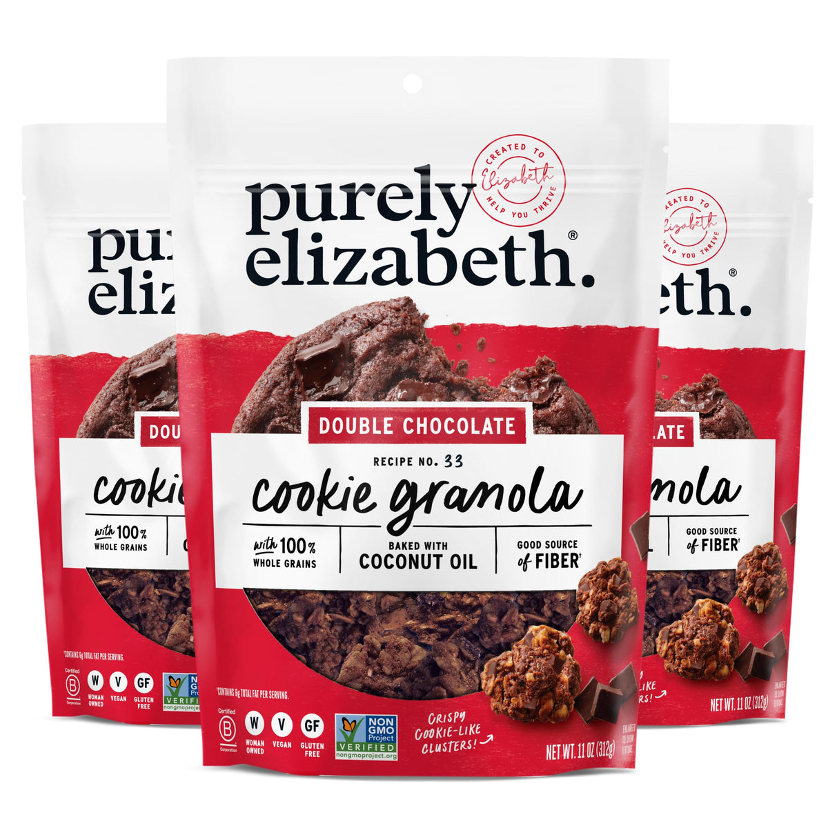 Purely Elizabeth cookie granola double chocolate 11oz bag, ready for a quick satisfying snack.