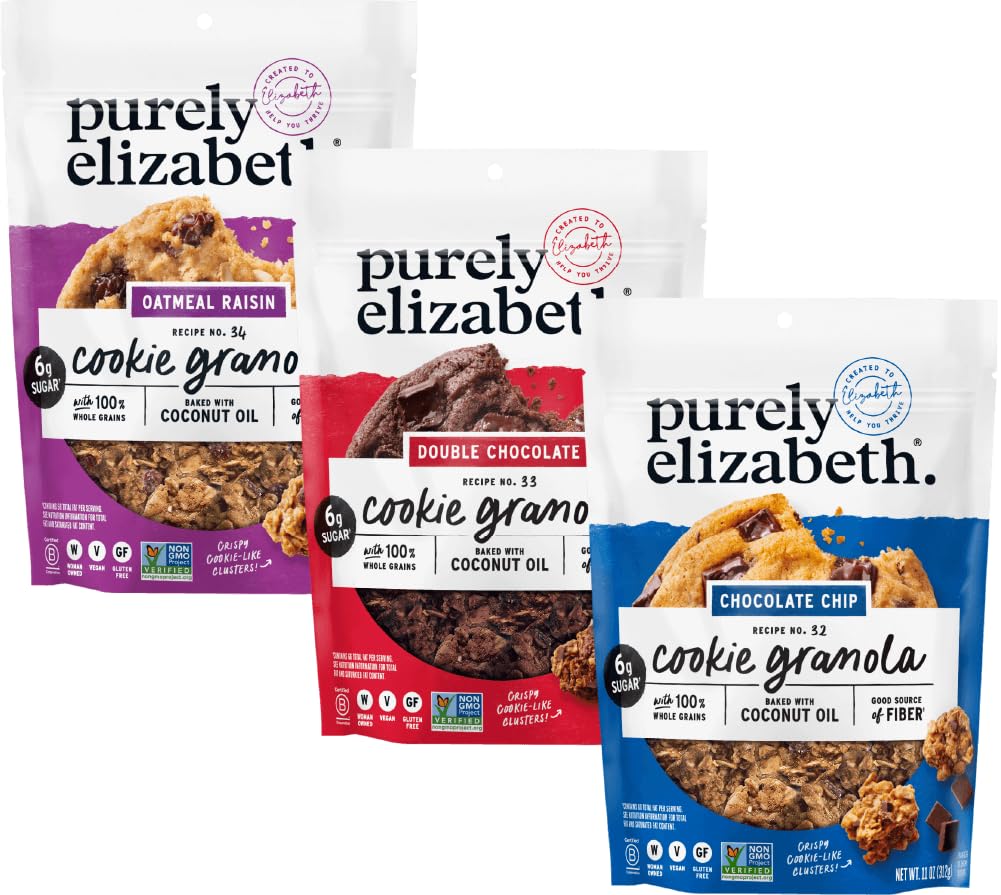 Purely Elizabeth Double Chocolate cookie granola bag highlights indulgent flavor and wholesome grains.