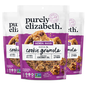 Purely Elizabeth cookie granola oatmeal raisin bag view showing three-pack convenience