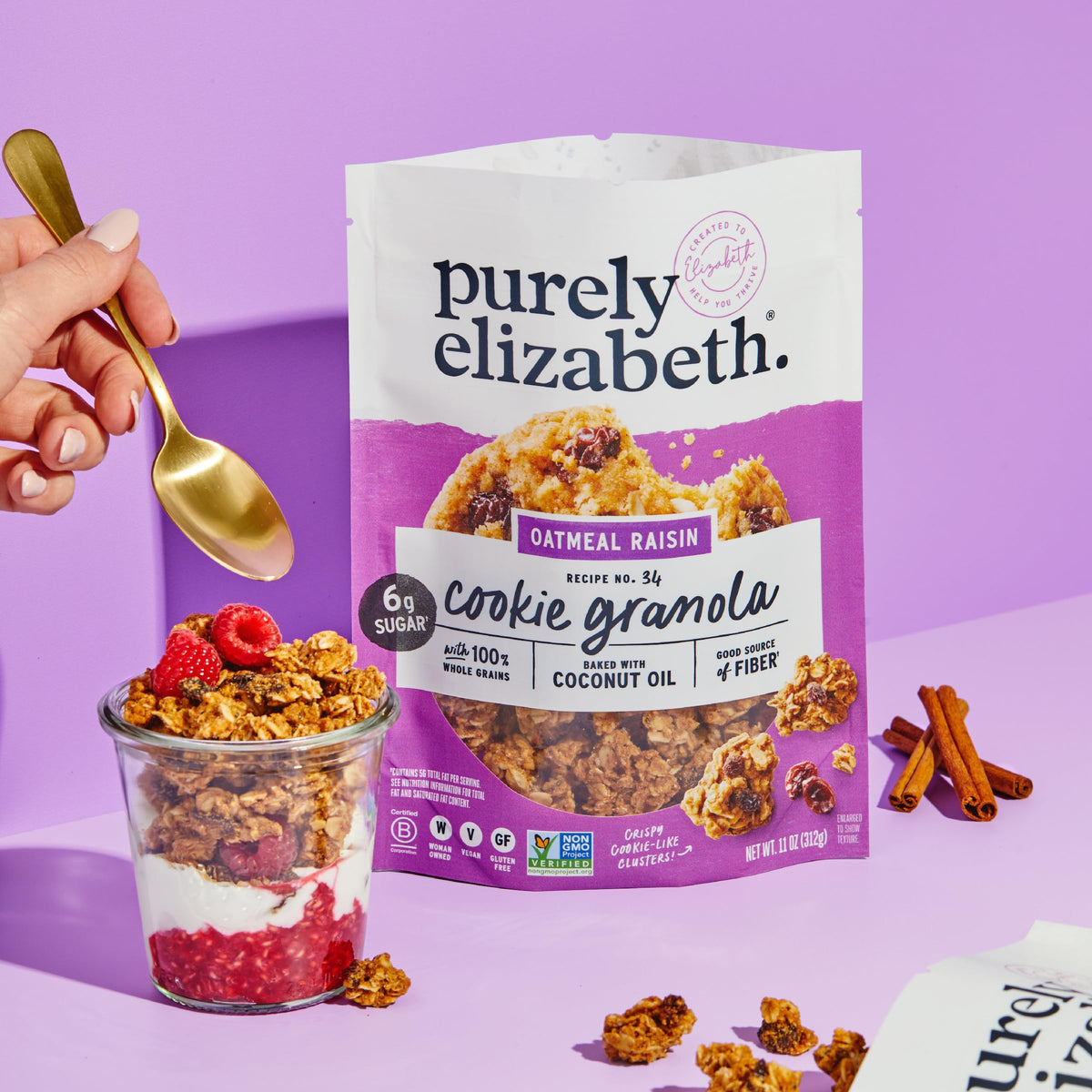 Purely Elizabeth Oatmeal Raisin bag emphasizes whole grains in a tasty bite.