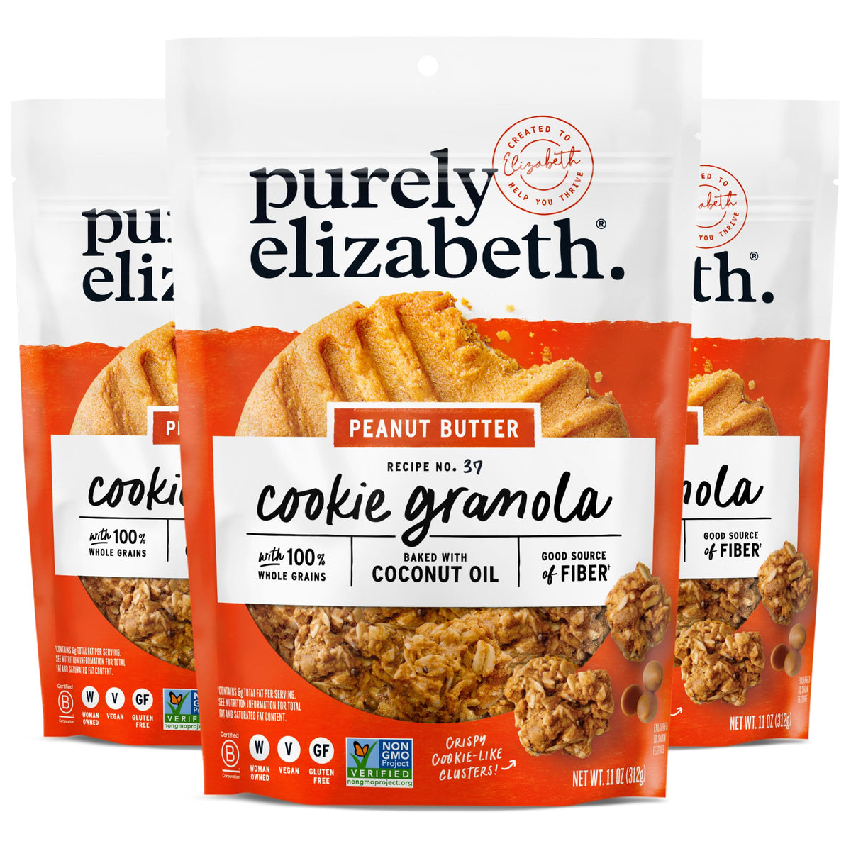 Purely Elizabeth cookie granola peanut butter 11oz bag on-the-go snacking.