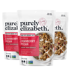 Purely Elizabeth Cranberry Pecan Granola bag showing convenient crunch and snack readiness