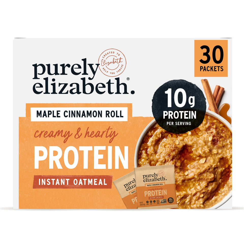Purely Elizabeth Creamy & Hearty Protein Oatmeal Maple Cinnamon Roll packaging for easy mornings.