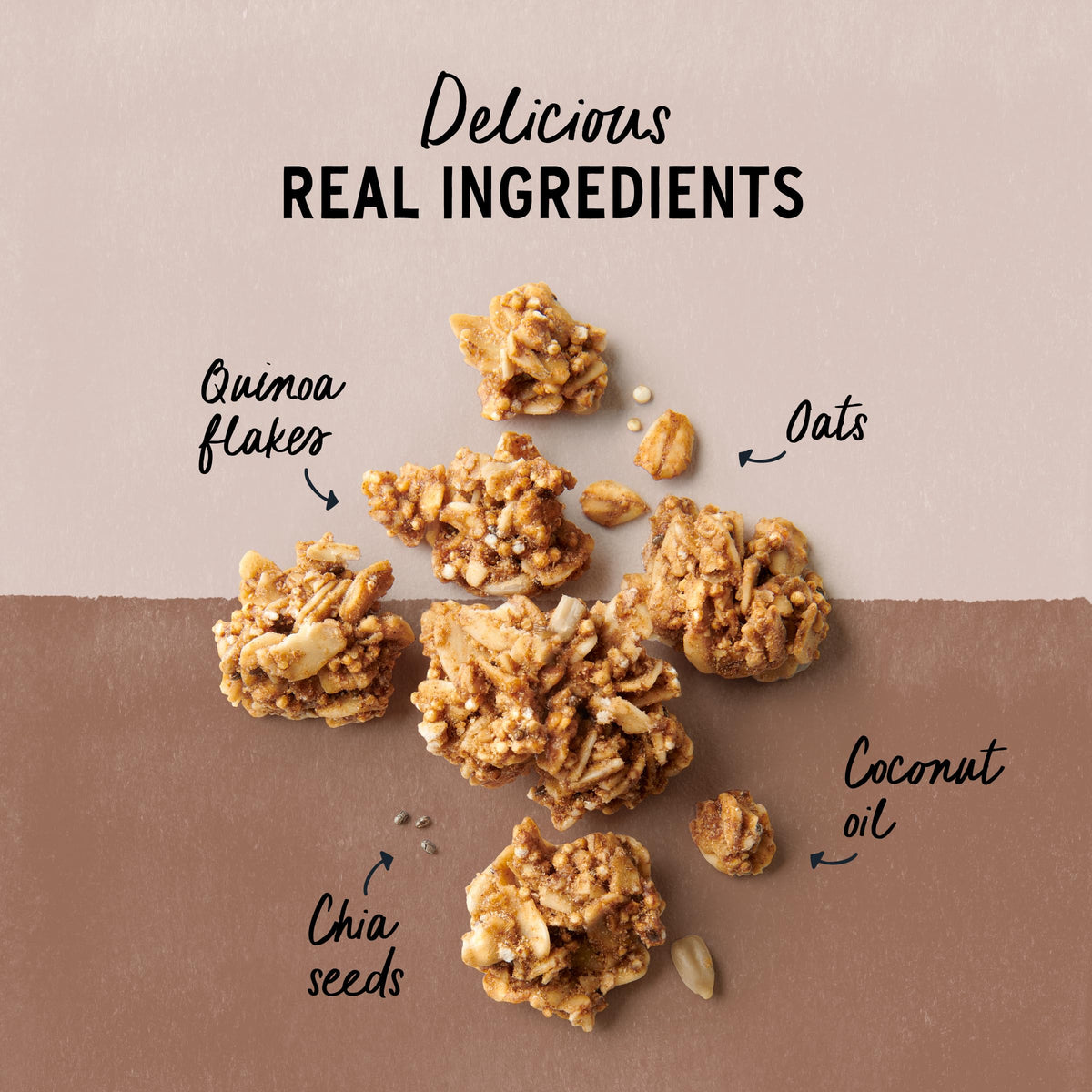 Dark chocolate chunks in Purely Elizabeth granola for indulgent bite.