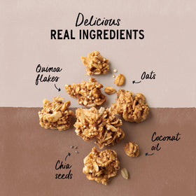 Dark chocolate chunks in Purely Elizabeth granola for indulgent bite.