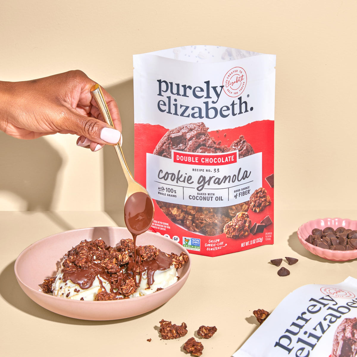 Double chocolate chunks closeup highlights rich flavor and crisp clusters.