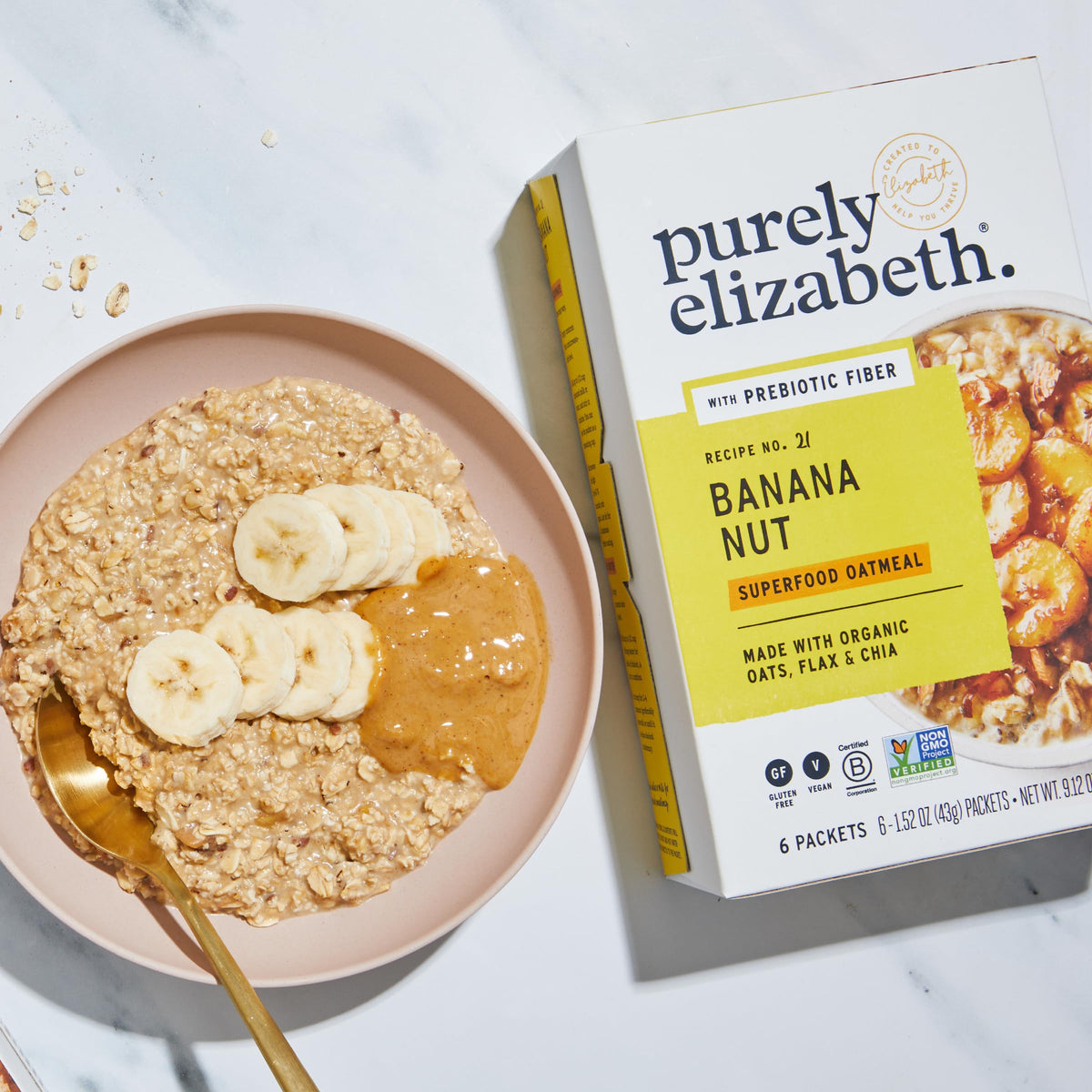 Gluten-free and non-GMO label on Purely Elizabeth banana nut oats.