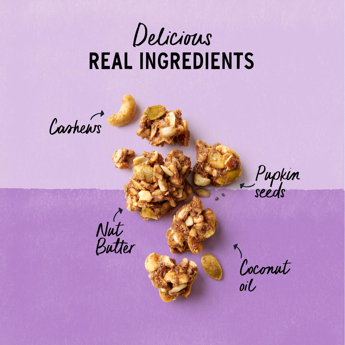 Purely Elizabeth grain-free granola ingredients spill-out highlighting gluten-free, vegan, non-GMO goodness.
