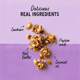 Purely Elizabeth grain-free granola ingredients spill-out highlighting gluten-free, vegan, non-GMO goodness.