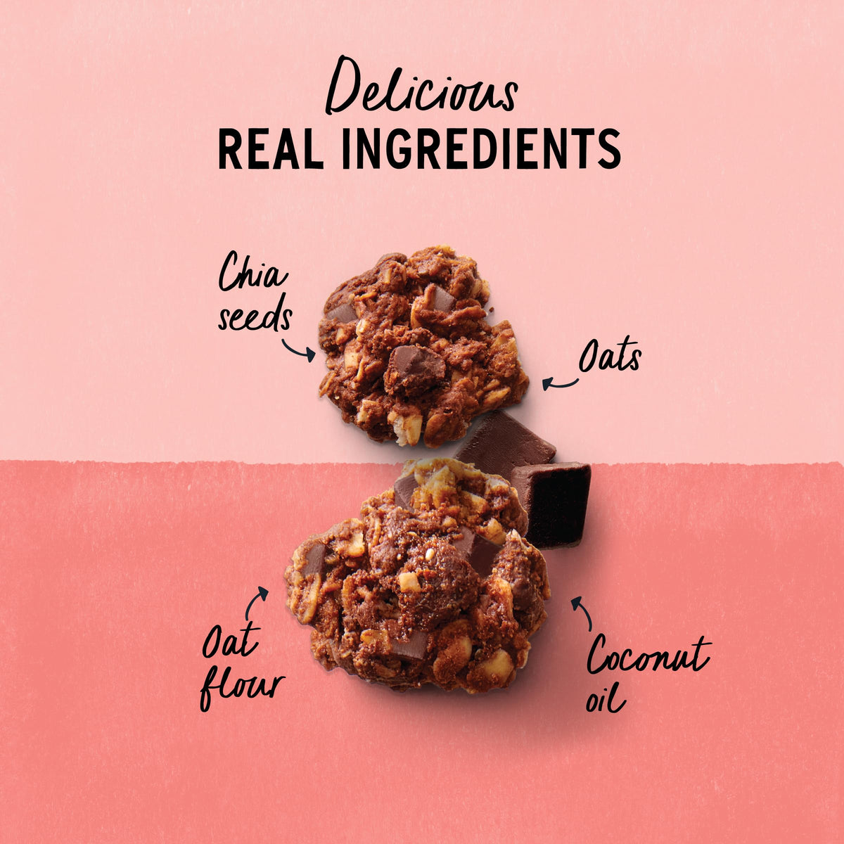Purely Elizabeth granola clusters with dark chocolate showcase crispy texture.