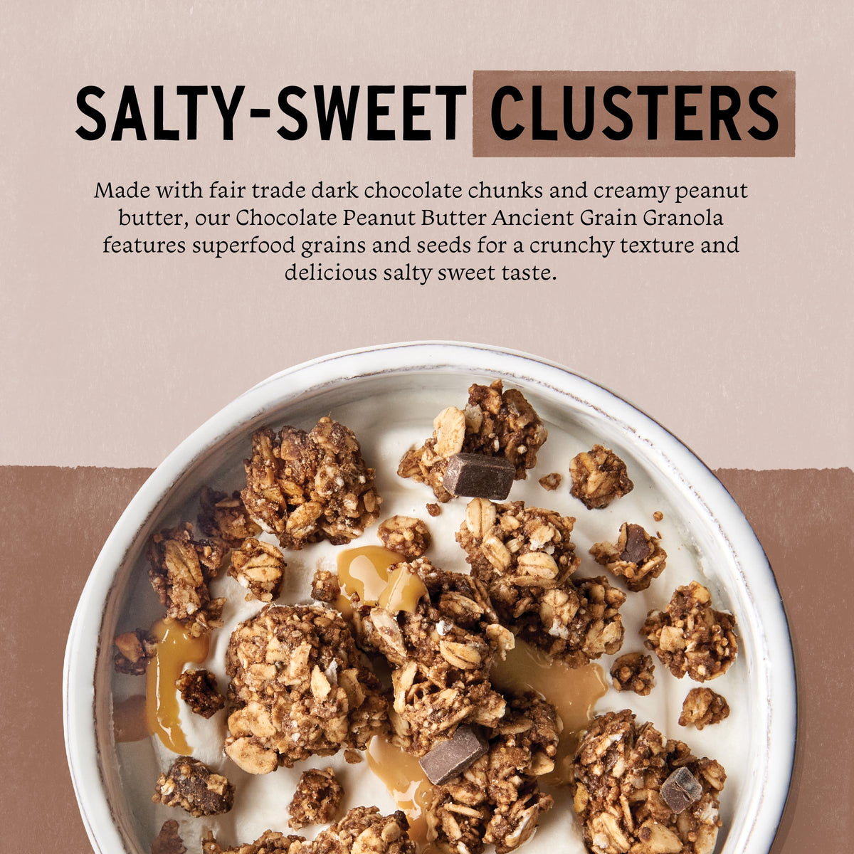 Granola clusters close-up showing crunchy texture and chocolate swirl.