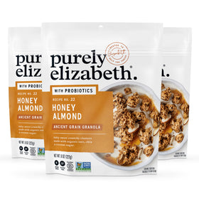 Purely Elizabeth Honey Almond Ancient Grain Granola bags for gluten-free snacking