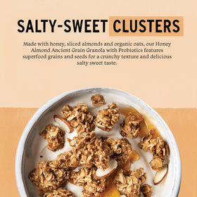 Close-up of Purely Elizabeth Honey Almond Ancient Grain Granola showing probiotics blend